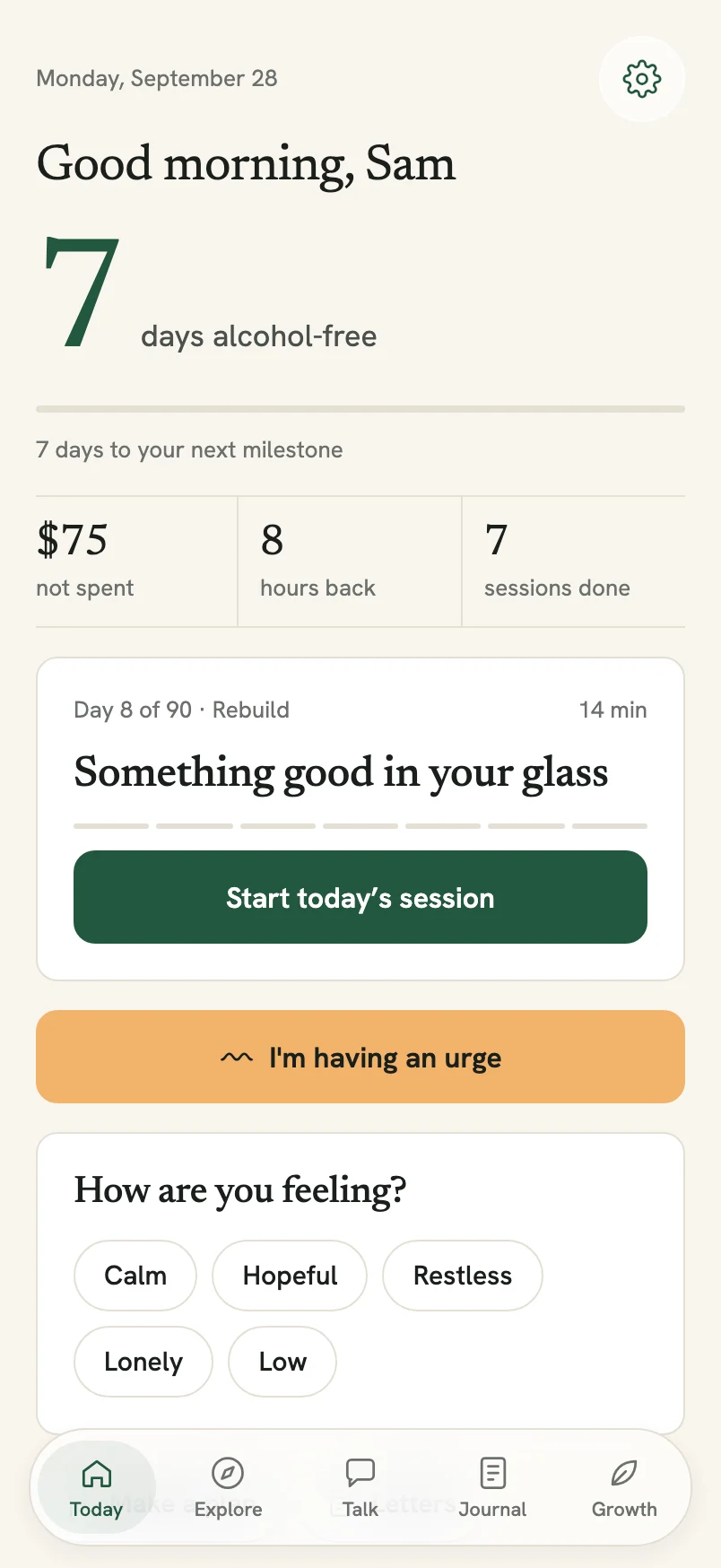 NewLeaves Today screen with daily progress, mood check-in, and urge support